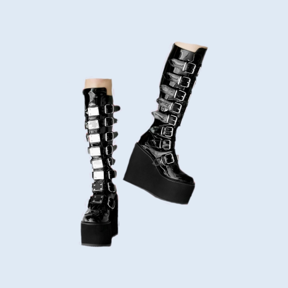 Demonia Trinity Boots Swing 815 Black Patent Vegan Leather